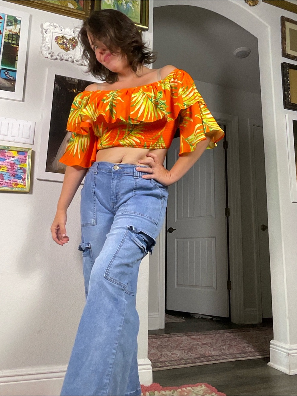 Flying Tomato Tropical Palm Print Off Shoulder Crop Top NWT Small‎